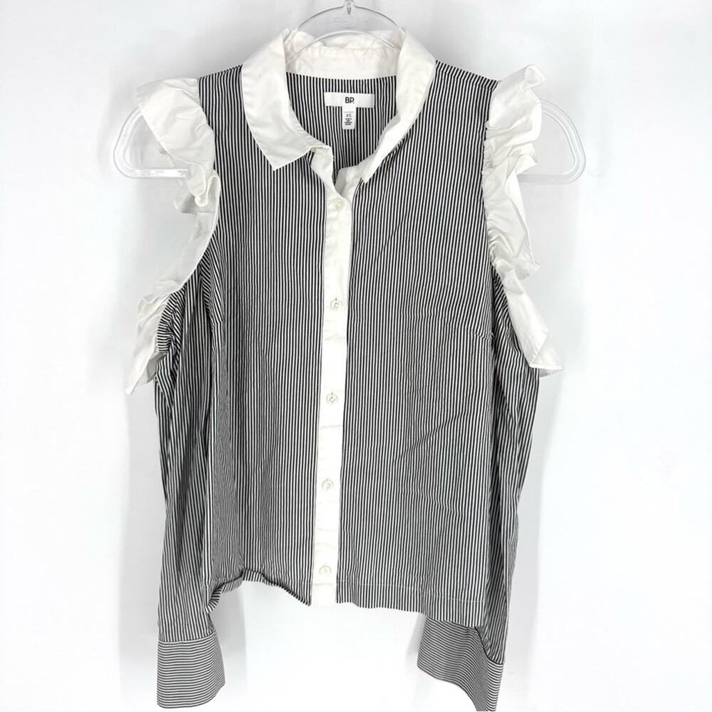 BP Stripe‎ Cold Shoulder Blouse with Ruffle Detail Grey White Size XS